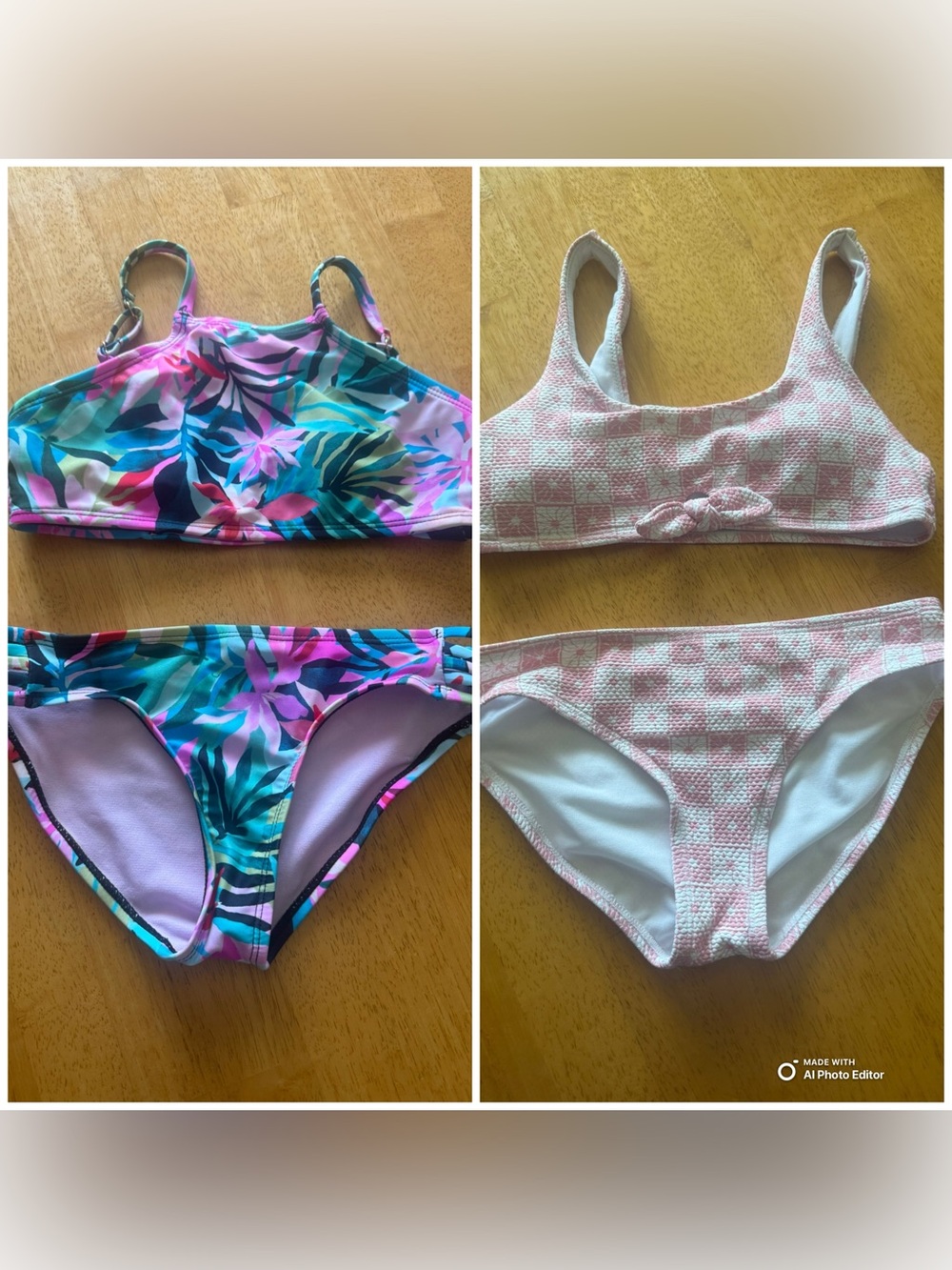Two Girls' Bikini Sets - Tropical Floral & Pink Check
